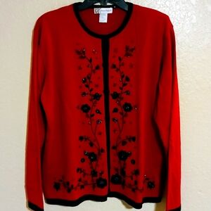 Dressbarn L Women's Holiday Cardigan Red with Black Trim & Beaded Florals